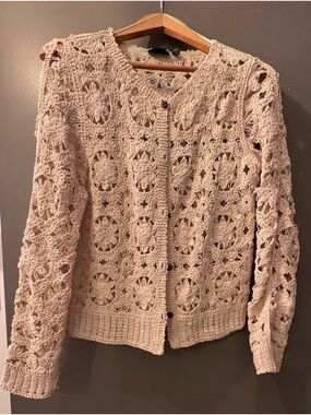 Beige Crochet Button-Front Women's Sweater Cardigan